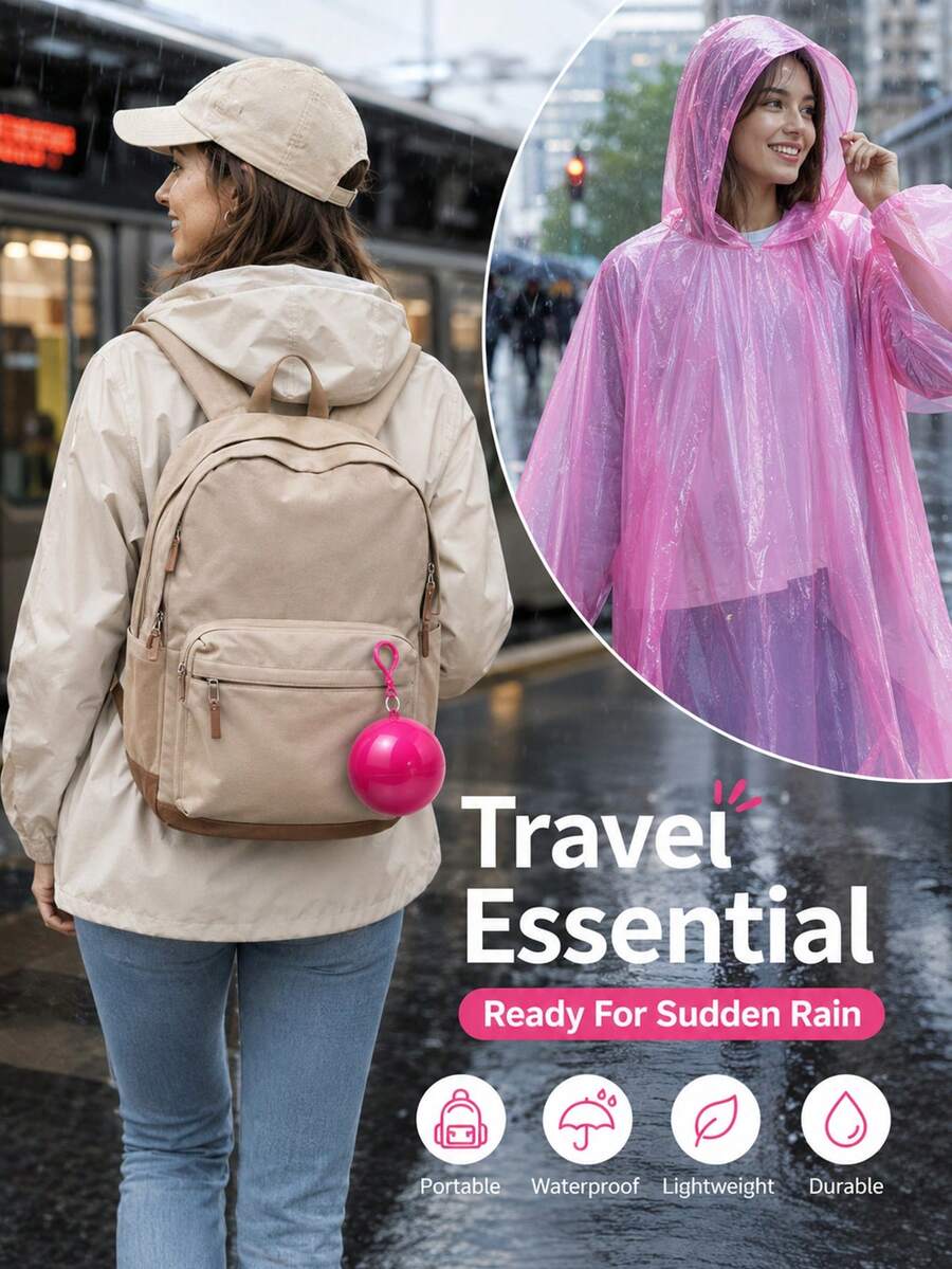 3/5/10pcs Portable Rain Poncho Balls, Random Color Disposable Raincoat With Storage Box And Hook, Lightweight Waterproof Travel Camping Cape, 1/2pcs - Multicolor - View 1