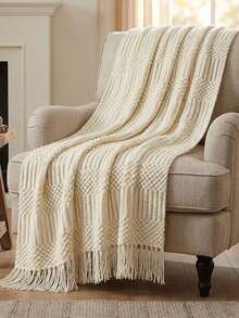 1 pieza Manta de punto a cuadros de diamante azul claro, manta rectangular con flecos de estilo nórdico casual para sofá, siesta en la oficina, adecuada para uso diario SJ1S - Bufanda de burbujas beige - Ver 2