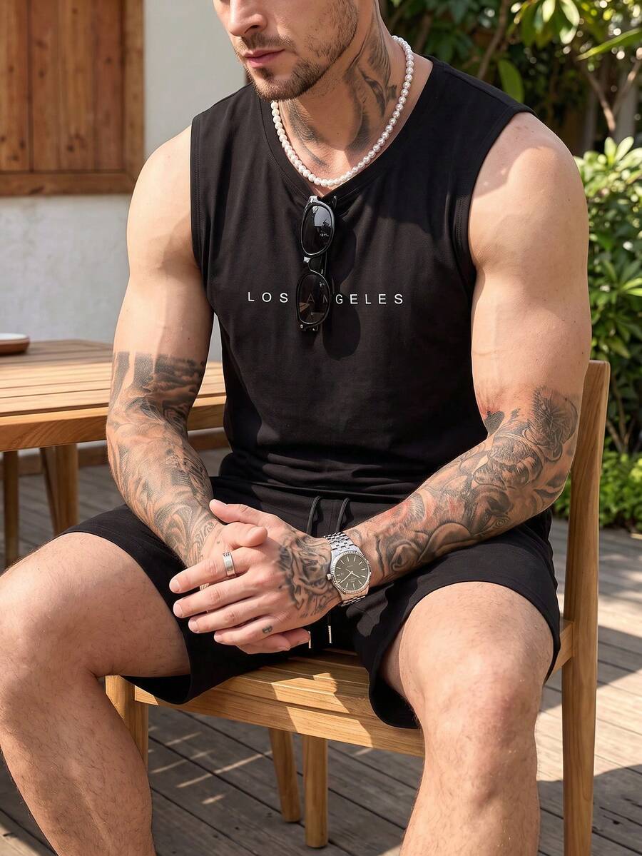 ALTZTAR Men's Sleeveless Tank Top & Drawstring Shorts, Print Casual Set - Black - View 1