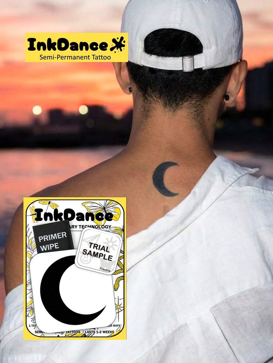 1 Set "Moon" Revolutionary Technology Tattoo, Semi-Permanent Tattoo, Temporary Tattoo, Realistic Tattoo, Waterproof, Real Tattoo Effect, Plant-Based Tattoo, Durable, Lifelike, Butterfly, Leaf, MNF160 - Black - View 1