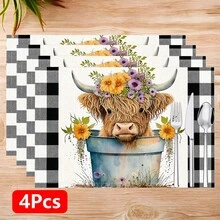 1pc/4pcs/6pcs Highland Cow Pattern Printed Linen Placemats, Rectangular Table Mats, Washable, Easy To Clean, Plate Mats, Bowl Mats, Western Style Placemats, Suitable For Kitchen, Dining Room, Family Gatherings, Coffee Table And Daily Table Decoration - Multicolor - View 17