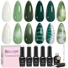 Beetles 5 Colors Green Gel Polish Set, Forest Spectrum 5 Green Jelly Gel Polish With Blooming Gel, Dotting Pen, Marble Nail Art, Soak Off UV LED - 5 Colors with Blooming Gel - 查看 8