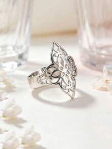 TEAMER 1pc Fashion Women Stainless Steel Hollow Flower Open Adjustable Ring, Versatile Accessory, Unisex Style, Gift For Friends - Fashion Series - View 7