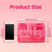 Miniso Set Botol Perjalanan Barbie 11 Buah Warna Pink, Wadah Kosmetik Isi Ulang, Perlengkapan Mandi Portabel dengan Kotak Penyimpanan, Perlengkapan Perjalanan untuk Sampo dan Losion - Berwarna merah muda - View 5