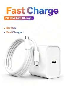 PD 30W USB-C Fast Charger Set, Wall Charger Adapter With Braided USB-C To USB-C Fast Charging Cable, Compatible With IPhone 15/16/17, Android Phones, - White - View 1