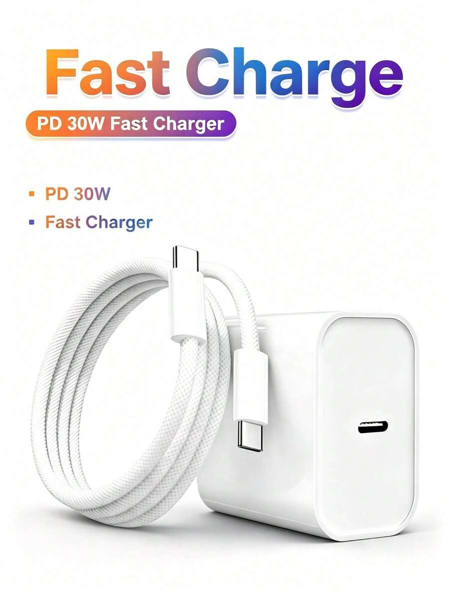 PD 30W USB-C Fast Charger Set, Wall Charger Adapter With Braided USB-C To USB-C Fast Charging Cable, Compatible With IPhone 15/16/17, Android Phones, - White - View 1