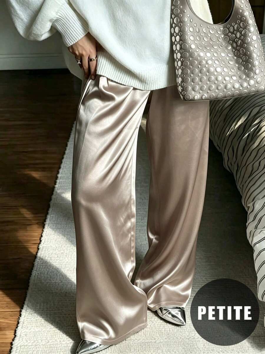 Petite Women Champagne Satin Wide Leg Pants, High Waist Draped Trousers, Old Money Style Flowy Bottoms For Daily Commute & Back To School - Champagne - View 1