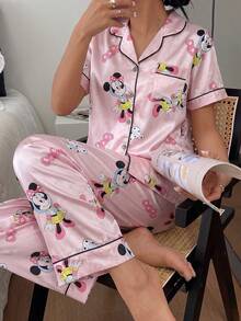 Disney 2-Piece Set Cartoon Print Casual Versatile Short Sleeve Button-Front Top Elastic Waist Long Pants Women's Pajama Set Suitable For All Seasons Home Wear - Pink - View 3