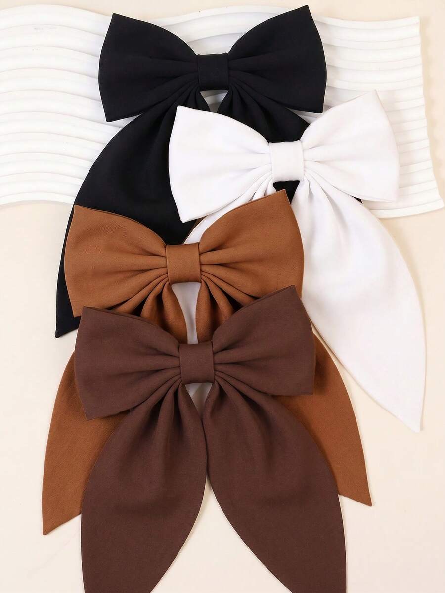 4件組大號女款女孩髮蝴蝶結夾，超大法式蝴蝶結髮夾附長緞帶尾，Coquette風格秋季髮飾
