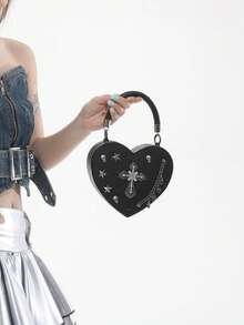 Women's Halloween Gothic Heart Mini Crossbody Bag, Y2K Punk Cross Skull Chain Handbag, Alt Style Party Evening Shoulder Bag - Black - View 10