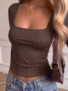 SCARLUX Autumn Y2K Brown Polka Dot Square Neck Slim Fit Long Sleeve Top, Basic Style, Suitable For Back To School, Business And Casual Vacation - Brown - View 3