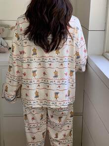 2pcs/Set Women's Pajamas Spring/Autumn Long Sleeve Long Pants Skin-Friendly Homewear Cute Puppy Print Open Front Set - Multicolor - View 8