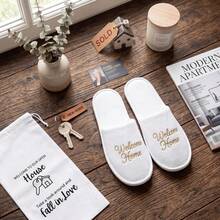 White Plush Welcome Home Slippers (Welcome Home Gold Embroidery + Matching Key House Pattern Storage Bag) Closed Toe Slippers Flat Sole Cozy Home Style All Season Indoor Slippers - All-inclusive Welcome Home Gold - View 2