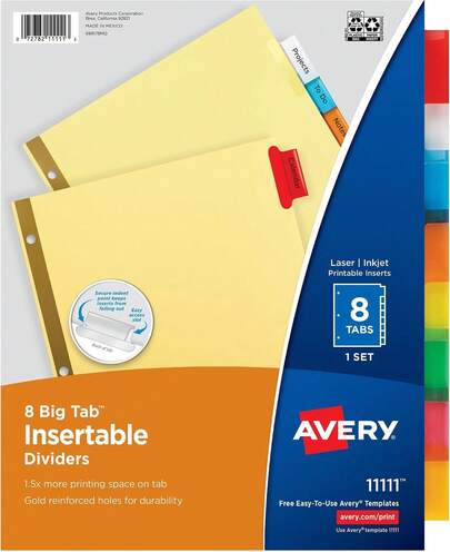 Avery Insertable Dividers For 3 Ring Binders, 8 Tabs Per Set, Multicolor Big Tabs, Buff Paper With Gold-Reinforced Holes, Great For Organizing