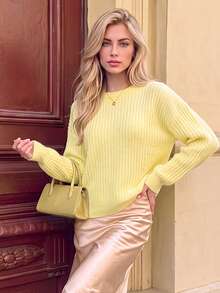 Nicenter Women's Fall Winter Pastel Yellow Vertical Rib Wool Blend Crew Neck Drop Shoulder Long Sleeve Knit Sweater, For Office Daily Home Date - Yellow - View 8