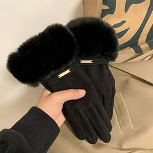 1 Pair Solid Color Winter Gloves, Classic Style, Cashmere Fabric, Thick Fleece Lining, Soft Cuff, Touchscreen Compatible, Warm And Cold-Resistant - Style 1 - View 6