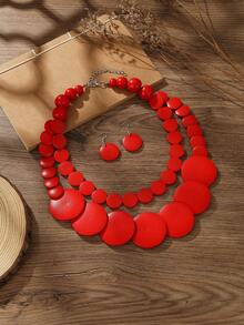 European American African Exaggerated Bohemian Multi-Layer Colorful Wooden Bead Necklace - Red - View 3