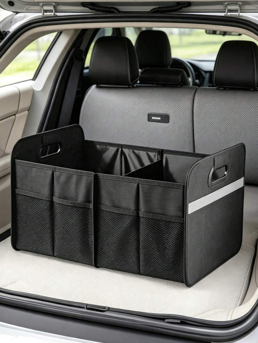 Oxford Cloth Foldable Car Trunk Organizer, Collapsible Car Cargo Storage Box With Handles, Multi-Compartment Car Rear Storage Bin, Portable Car Interior Storage Accessory, Suitable For Travel And Road Trips - Multicolor - View 1