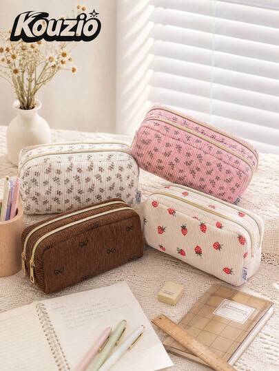 Double Zipper Corduroy Pencil Case, Floral Strawberry Bow Printed Stationery Pouch, Large Capacity Multi-Layer Pen Storage Bag, Aesthetic Desktop Organizer, Core Back To School Supply, Fashion Stationery Bag, Gift For Study And Office Daily Use