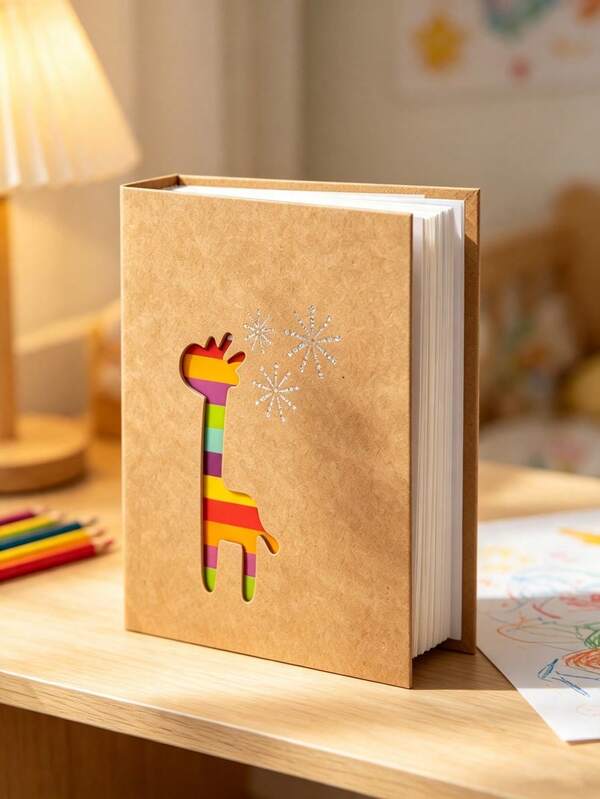 1 Stück buntes Cut Out Fotoalbum aus Kuhhautpapier, dekoriert mit Giraffen-, Wal- und Eiffelturm-Mustern. Innenseiten sind einlegbare weiße Seiten, können 100 große laminierte Fotos (Größe 10,16*15,24cm) aufnehmen