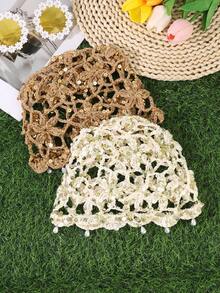 1 Stück Boho Häkel-Netz-Kopfkappe mit Pailletten-Perlen-Quasten, Damen gestrickte Blumen-Haarabdeckung, Vintage Bohemian Strandurlaub elegantes Haaraccessoire - Verschiedenfarbig - Übersicht 7
