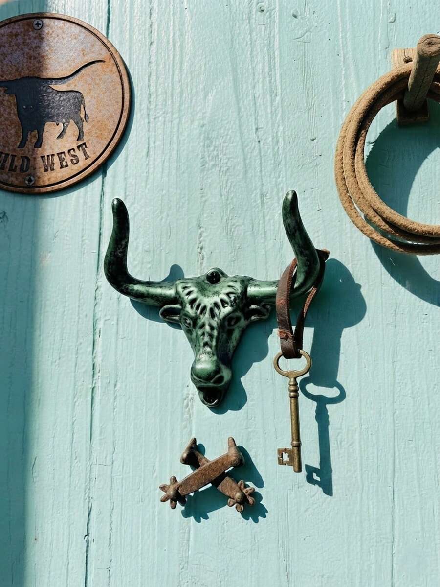 1 pieza Gancho de pared con cabeza de toro de hierro fundido, gancho rústico de estilo occidental de 4.92 pulgadas hecho a mano de alta resistencia, acabado en bronce antiguo, adecuado para abrigos, llaves, correas, toallas, sombreros, bolsos, decoración vintage de granja y granero para todo el año, regalo de inauguración de casa para sala de estar, dormitorio, cocina, interior/exterior - Verde Oscuro - Ver 1