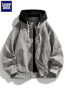 Chaqueta de cuero de motocicleta con capucha, corte holgado para hombre, nuevo diseño de otoño/invierno - Gris - Ver 1