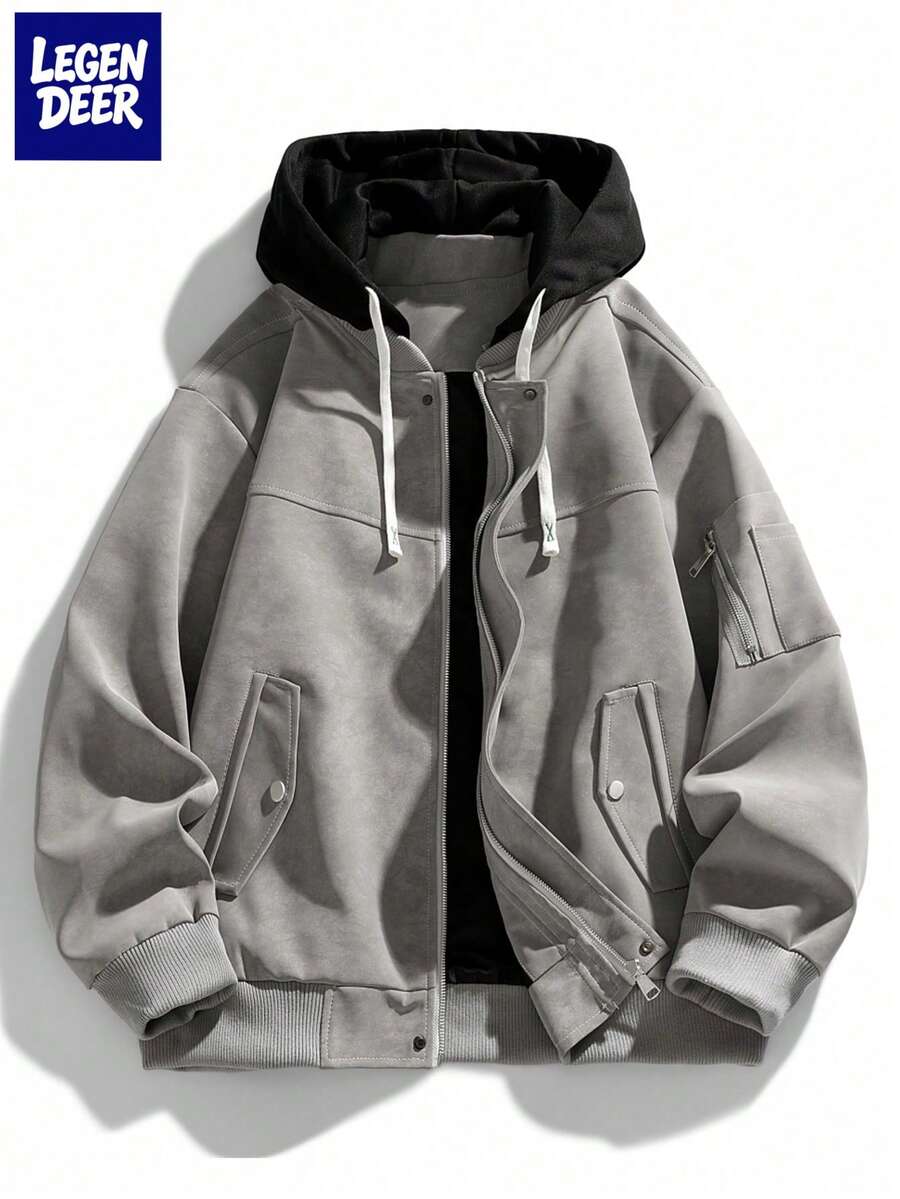 Chaqueta de cuero de motocicleta con capucha, corte holgado para hombre, nuevo diseño de otoño/invierno - Gris - Ver 1