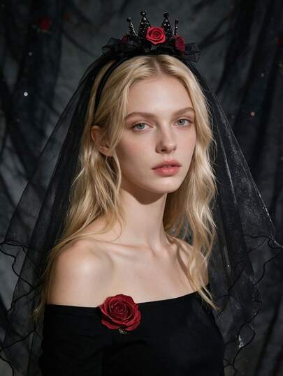 1pc Gothic Black Crown Veil Headband, Red Rose Mesh Headband For Women, Halloween Bride Witch Cosplay Party Women Holiday Dress Up Headband, Halloween Hair Accessories, Halloween Supplies, Women Hair Accessories, Gift Recommendation