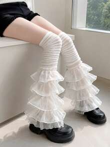 Ruffled Tulle Leg Warmers Sheer Tiered Mesh Sock Covers, Ruched Sheer Frilly Leg Sleeves, Multi Layer Flounce Fairy Lolita Leg Warmers, White See Through Ruffle Leg Cuffs For Girls Daily Outfit Cosplay Party - Multicolor - View 7