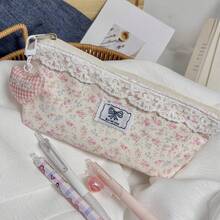 1pc Pink Lace Flower Shaped Pencil Case (Heart-Shaped Keychain Not Included). Unique Large Capacity Stationery Storage Box. Student Stationery Supplies. Perfect Back To School Gift. Great For Students To Exchange As Gifts - A - View 3