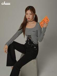 CHUU Letter Embroidered Long Sleeve T-Shirt Women Autumn Ruffle Trim Patchwork Cropped Tie Waist Top - Grey - View 7