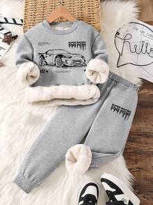 Toddler Car Print Warm Crew Neck Sweatshirt And Sweatpants Set - Grey - View 1