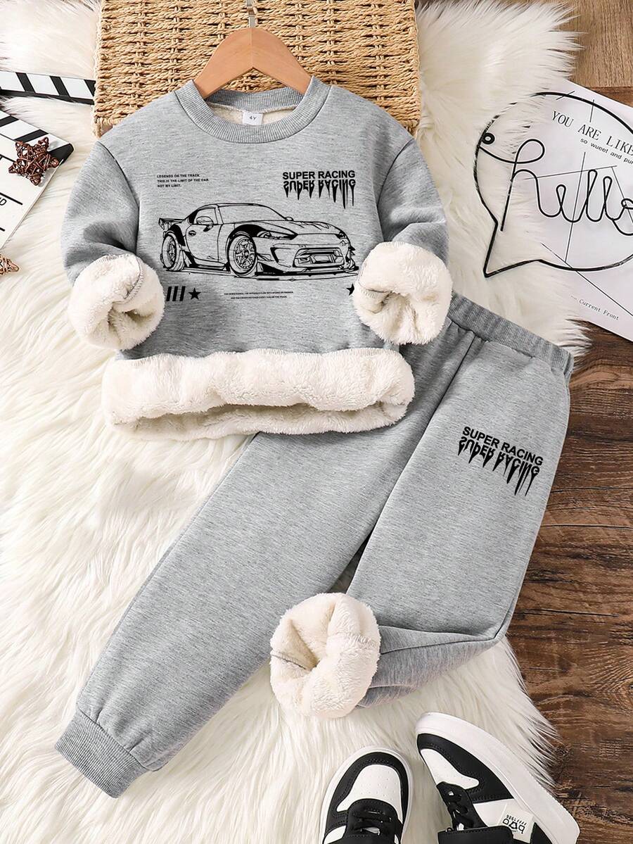 Toddler Car Print Warm Crew Neck Sweatshirt And Sweatpants Set - Grey - View 1