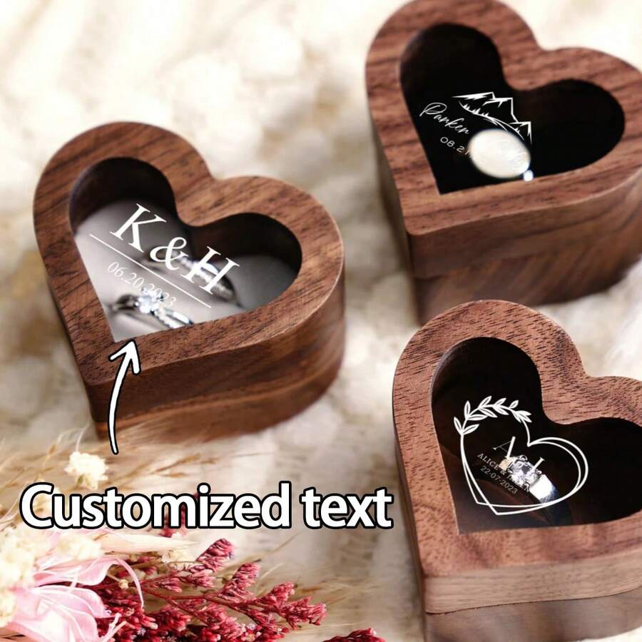 1 Piece Personalized Heart-Shaped Ring Box, Wooden Two-Slot Ring Holder, Custom Engraved Proposal Ring Box, Wedding Gift, Anniversary Souvenir - Multicolor - View 1