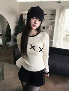 Korean Style Casual Vintage Design Slim Fit Flattering Long Sleeve Round Neck Color Block Knit Sweater Inner Layer Top For Women Autumn/Winter Fall - Apricot - View 6