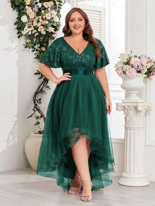 XUCTHHC Plus Size Elegant Party V-Neck Ruffle Sleeve Sequin High-Low Hem Mesh Skirt Formal Ball Gown, Wedding Guest, Cocktail Party, Holiday, Autumn/Winter - Dark Green - View 7