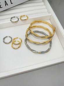 Brazalete con diseño de ola cruzada enchapado en oro de 18K con circonia cúbica incrustada, estilo europeo, casual y elegante - ola - Ver 5