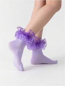 Women Big Ruffle Trim Double Lace Y2K Sheer Ankle Crew Socks, Cute Frilly Fancy Socks Adult & Bride Outfits - Purple - View 2