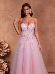 Women's 3D Floral Decor Luxurious High Waist Spaghetti Strap Maxi Evening Dress Pink Wedding - Pink - View 7