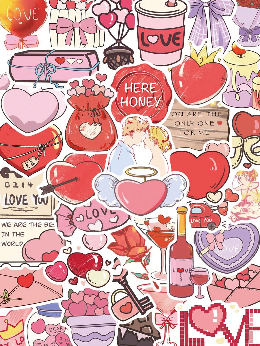 50pcs Valentine's Day Letter Stickers For Phone Case, Planner, Diary, Scrapbook, Greeting Card, Envelope, Guitar, Skateboard, Helmet, Tablet, Holiday Gift - Valentine's Day Letter - View 1