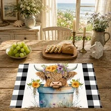 1pc/4pcs/6pcs Highland Cow Pattern Printed Linen Placemats, Rectangular Table Mats, Washable, Easy To Clean, Plate Mats, Bowl Mats, Western Style Placemats, Suitable For Kitchen, Dining Room, Family Gatherings, Coffee Table And Daily Table Decoration - Multicolor - View 3