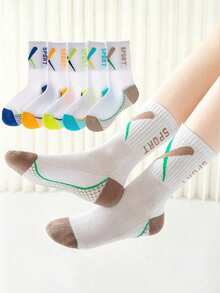 5 pares de calcetines deportivos para niños, transpirables y absorbentes de sudor, de malla hasta la pantorrilla, con diseño de letras de moda, calcetines para niños, calcetines de running y baloncesto para jóvenes, calcetines atléticos - Multicolor - Ver 2