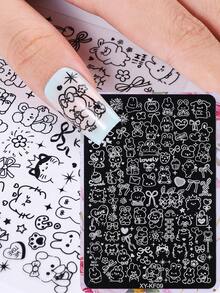 1 pieza Placa de impresión de uñas con diseño de animal de dibujos animados lindo, plantilla de uñas grande con lazo de cinta, conejo, oso y amor, para crear diseños de uñas lindos, herramientas de arte de uñas DIY japonés, suministros de uñas de acero inoxidable para salón - Plateado - Ver 7