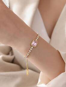 Women Polished Rectangular Inlay Chain Bracelet, Minimal Stackable Metal Wrist Band, Elegant Daily Evening Jewelry Gift For Ladies,Bracelets For Women - Multicolor - View 6