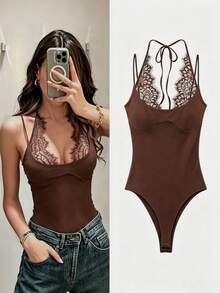 Summer New Women's Fashion Sexy Contrast Lace Halter Bodysuit Elegant,Homecoming - Brown - View 1