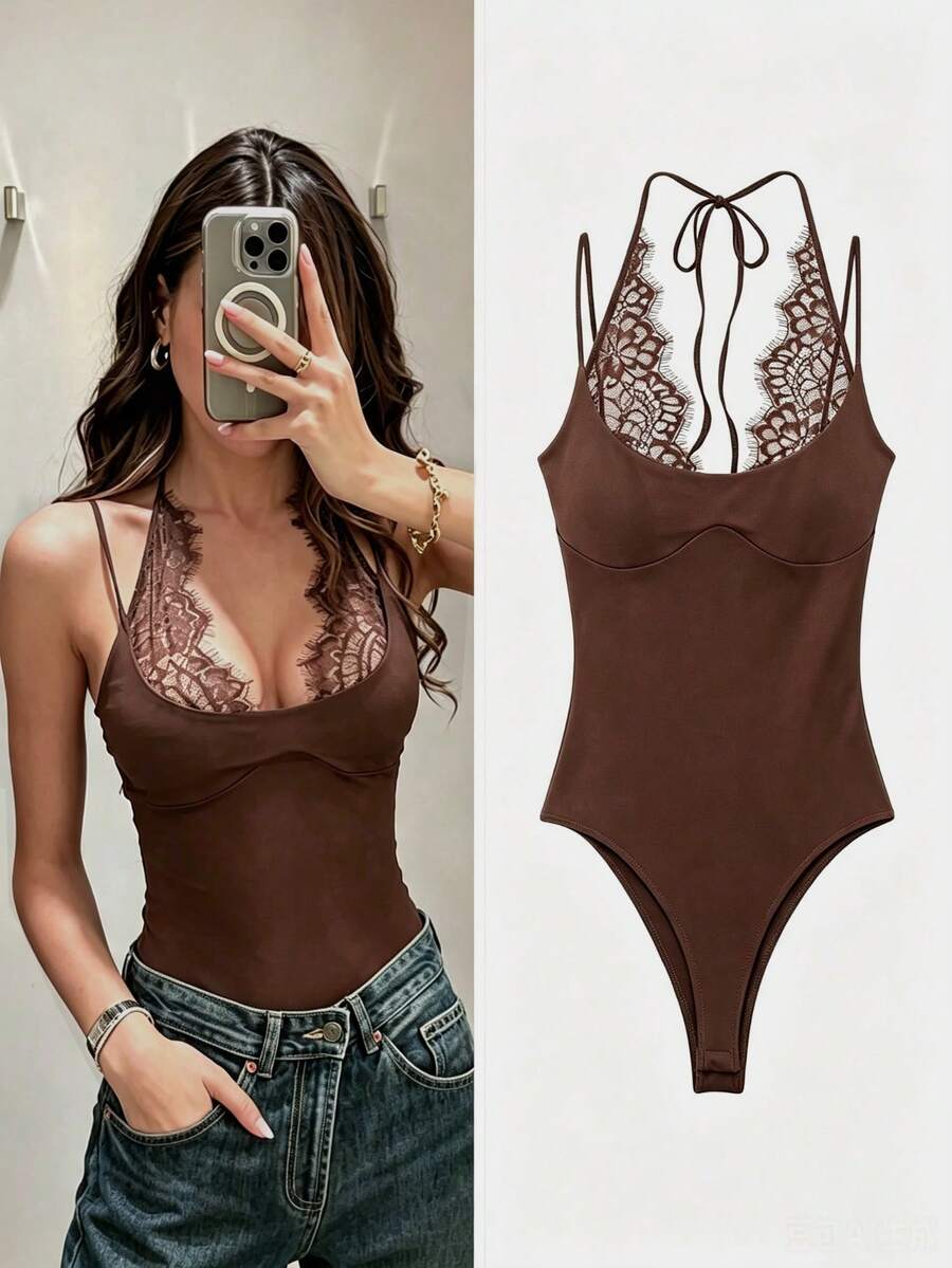 Summer New Women's Fashion Sexy Contrast Lace Halter Bodysuit Elegant,Homecoming - Brown - View 1
