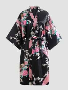 Young Girl Black Print Mid-Sleeve Long Robe - Multicolor - View 6
