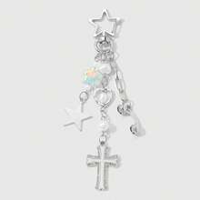 Y2K Star Cross Bag Charm, Silver Heart Beaded Chain Pendant With Pearl Decor, Cute Phone Strap Handbag Keychain Accessory - Multicolor - View 5