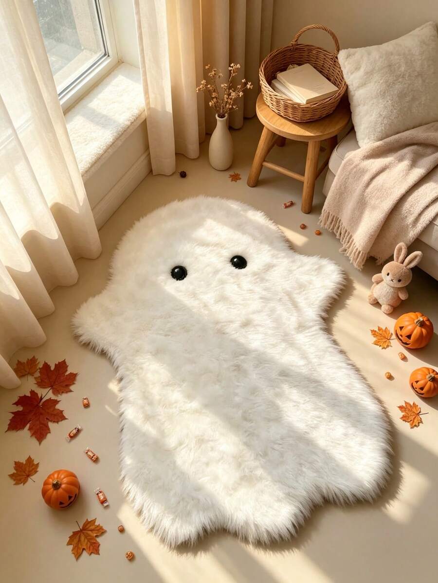 1pc White Long Fur Ghost Shaped Rug, Thick Carpet, Fluffy Carpet, Autumn/Winter Carpet, Decorative Carpet, Home Decor, Bedroom Carpet, Living Room Home Decor, Christmas Gift - Multicolor - View 1